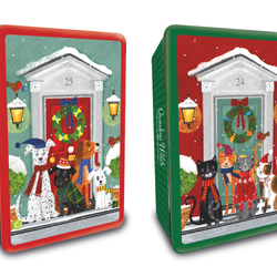 Snowy Pets on Doorstep Biscuit Tins