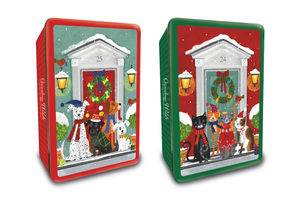 Snowy Pets on Doorstep Biscuit Tins xx