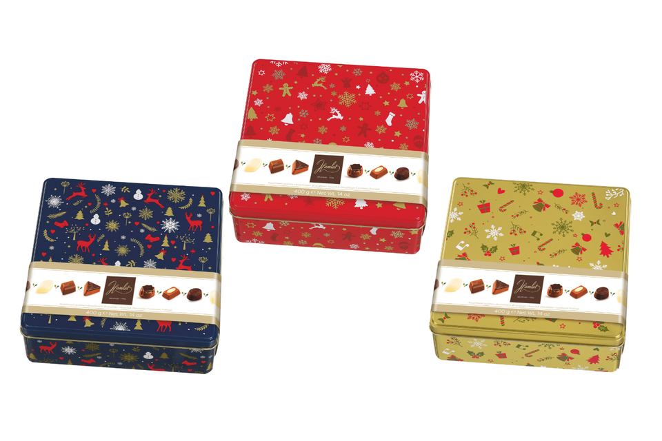 Hamlet Festive Christmas Tins with Hazelnut Praline Figures xx