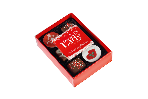 Gift Box of Chocolate Covered Fudge Pieces with Christmas Décor