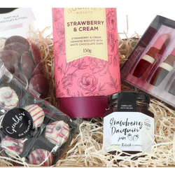 Image shows a close up of the Teatime Treats hamper. Contents listed in description.